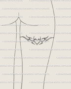 Cyber tribal heart tattoo stencil shown on woman’s back thigh placement, sleek feminine design with balanced spiked wings and digital outline.