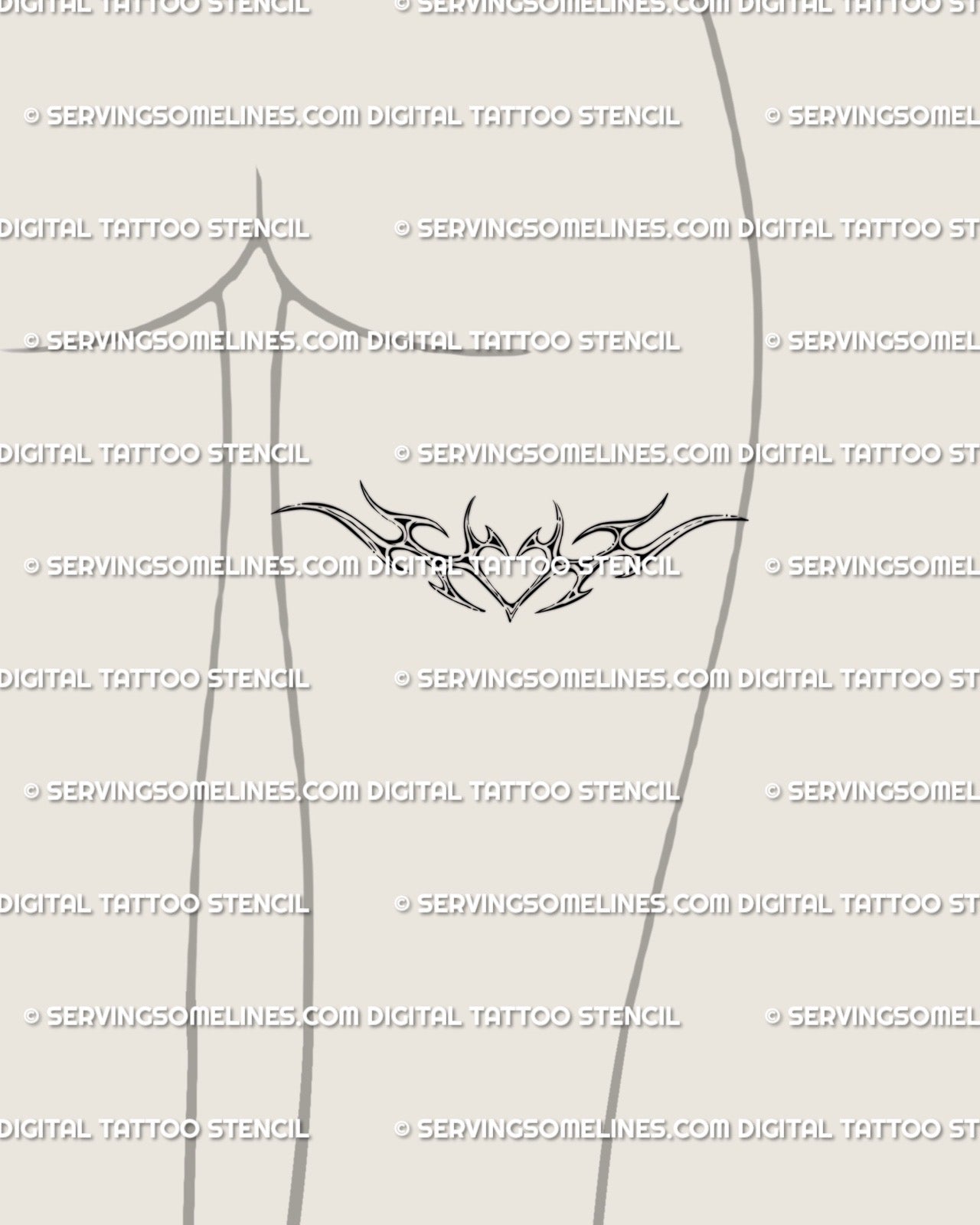 Cyber tribal heart tattoo stencil shown on woman’s back thigh placement, sleek feminine design with balanced spiked wings and digital outline.