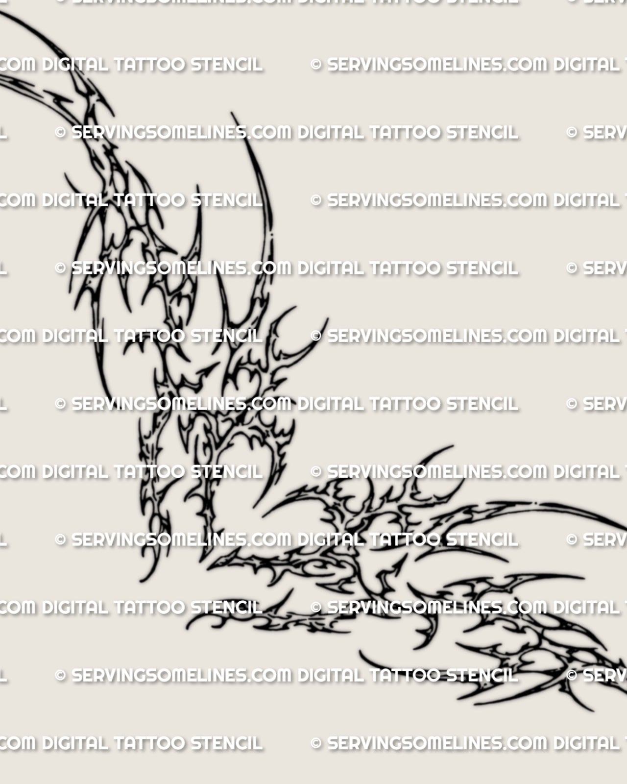 Heart lower back tattoo stencil design with spiky cyber sigil lines, pointed side extensions, and dark abstract style