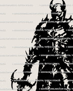 Close-up of cyber knight tattoo flash showing horned helmet and face plate textures with fine blackwork lines. 