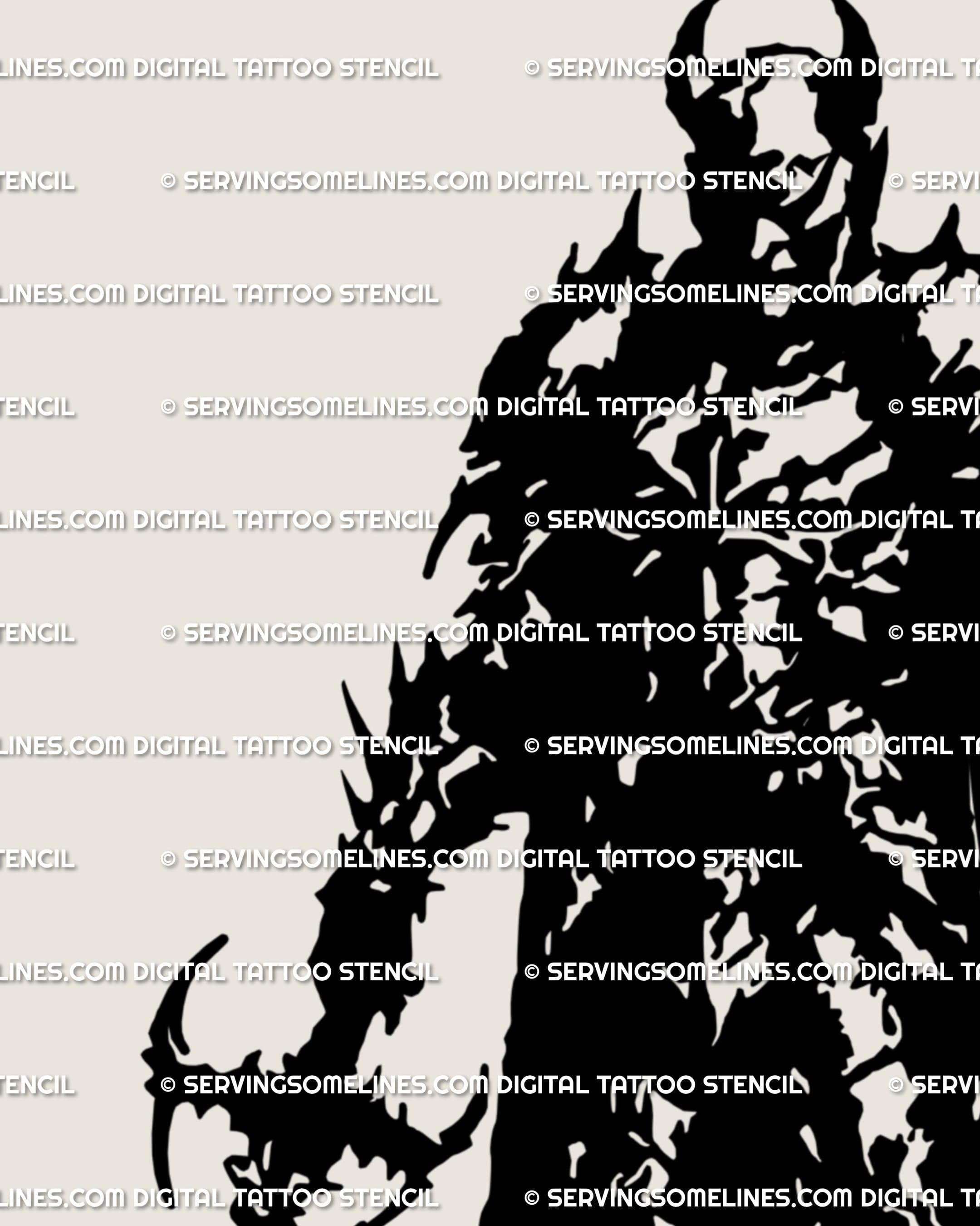 Close-up of cyber knight tattoo flash showing horned helmet and face plate textures with fine blackwork lines. 