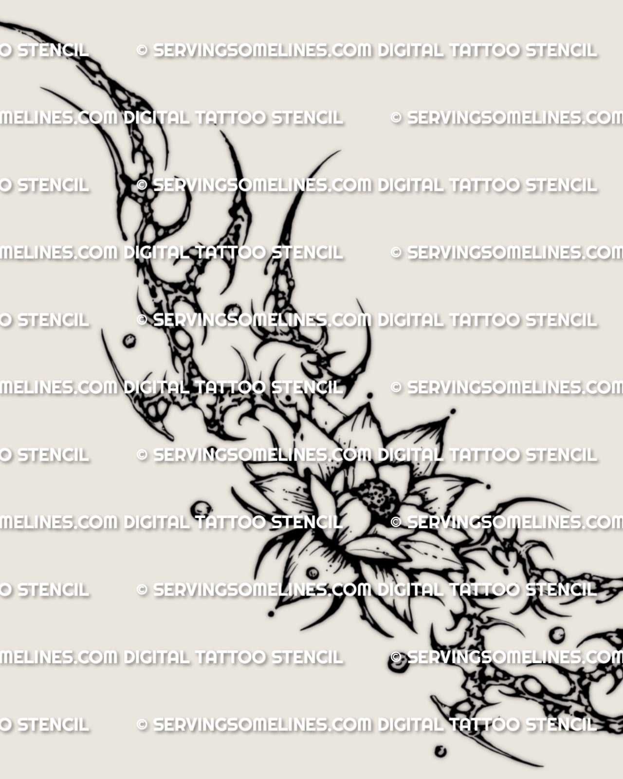 Cyber lotus tattoo stencil design with layered flower center, pointed sigil detail, and lower back placement intent