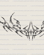digital cyber metal tribal tattoo stencil with chrome detailing and long blade like arcs shaped for chest and upper torso placement
