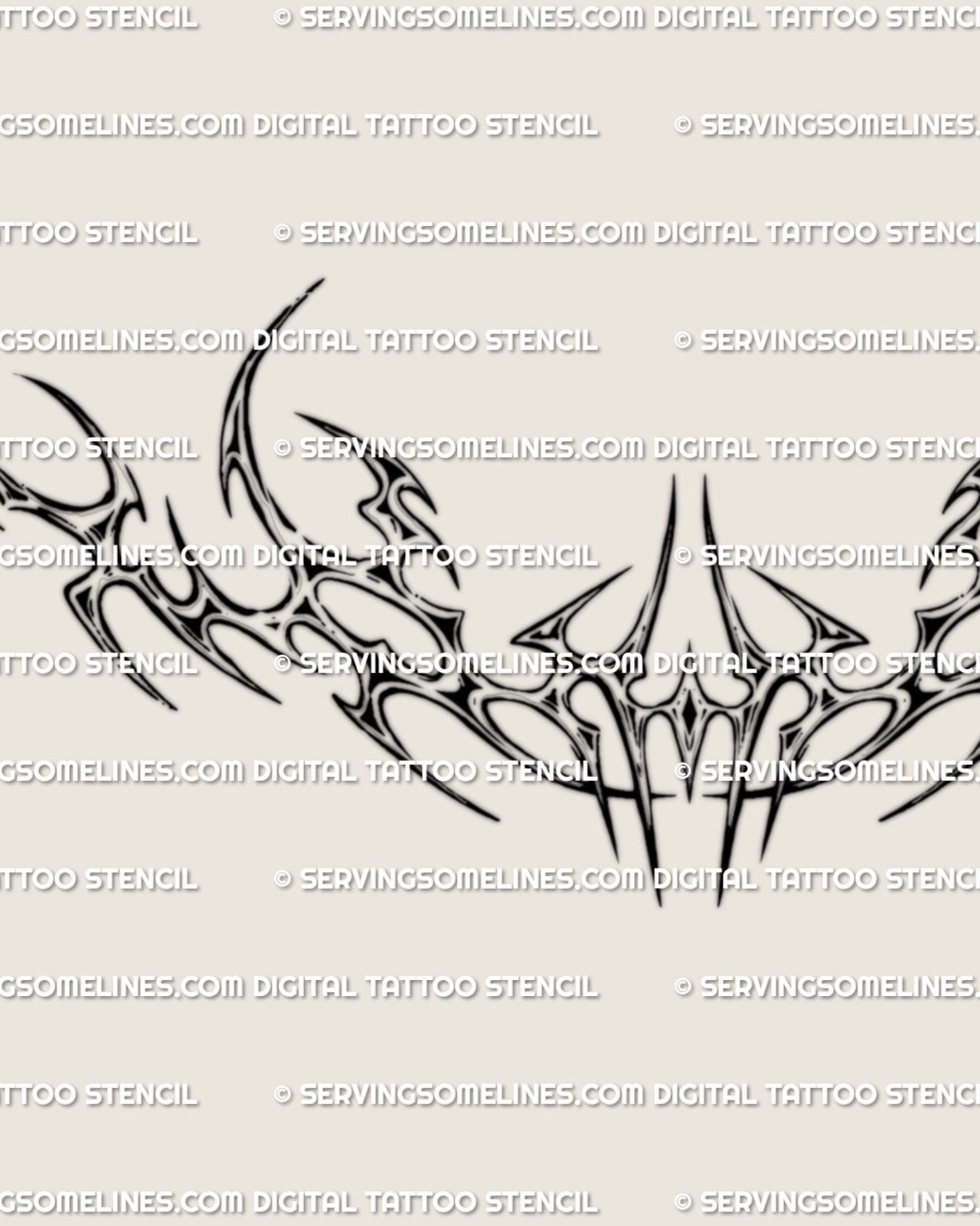 digital cyber metal tribal tattoo stencil with chrome detailing and long blade like arcs shaped for chest and upper torso placement
