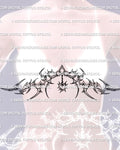 feminine underbust tattoo stencil with cyber ornamental and neotribal linework shown on chest framing placement