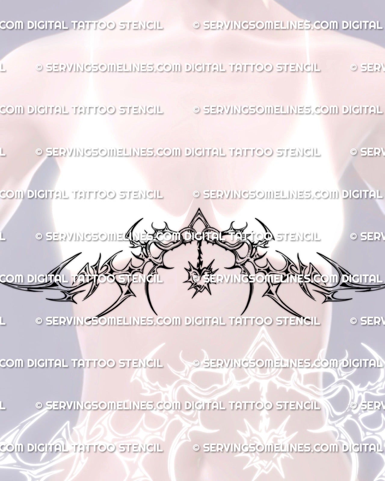 feminine underbust tattoo stencil with cyber ornamental and neotribal linework shown on chest framing placement