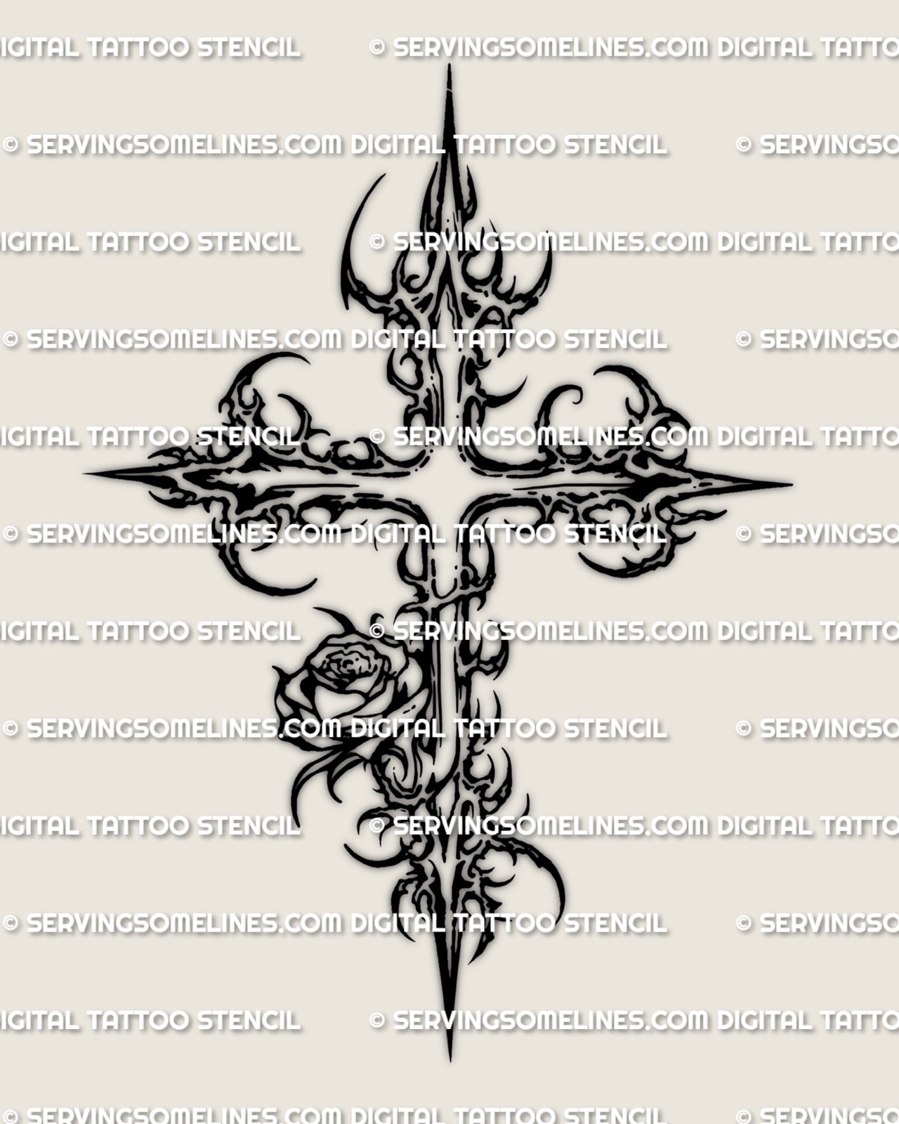 Cyber rose cross tattoo design with a stylized vertical cross, sharp cyber forms, and rose support
