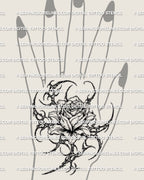 Cyber rose head tattoo shown on back of hand placement with a centered bloom and sharp outer framing