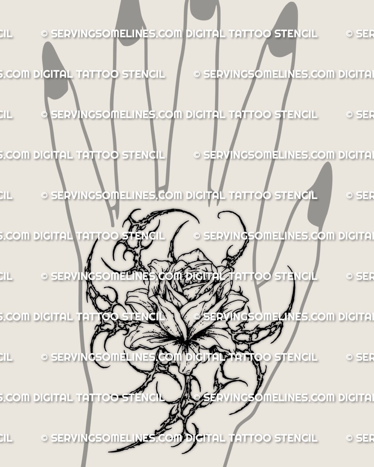 Cyber rose head tattoo shown on back of hand placement with a centered bloom and sharp outer framing