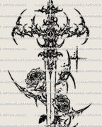 Cyber rose sword tattoo design with two thorned roses, a centered vertical sword, and dark stylized linework