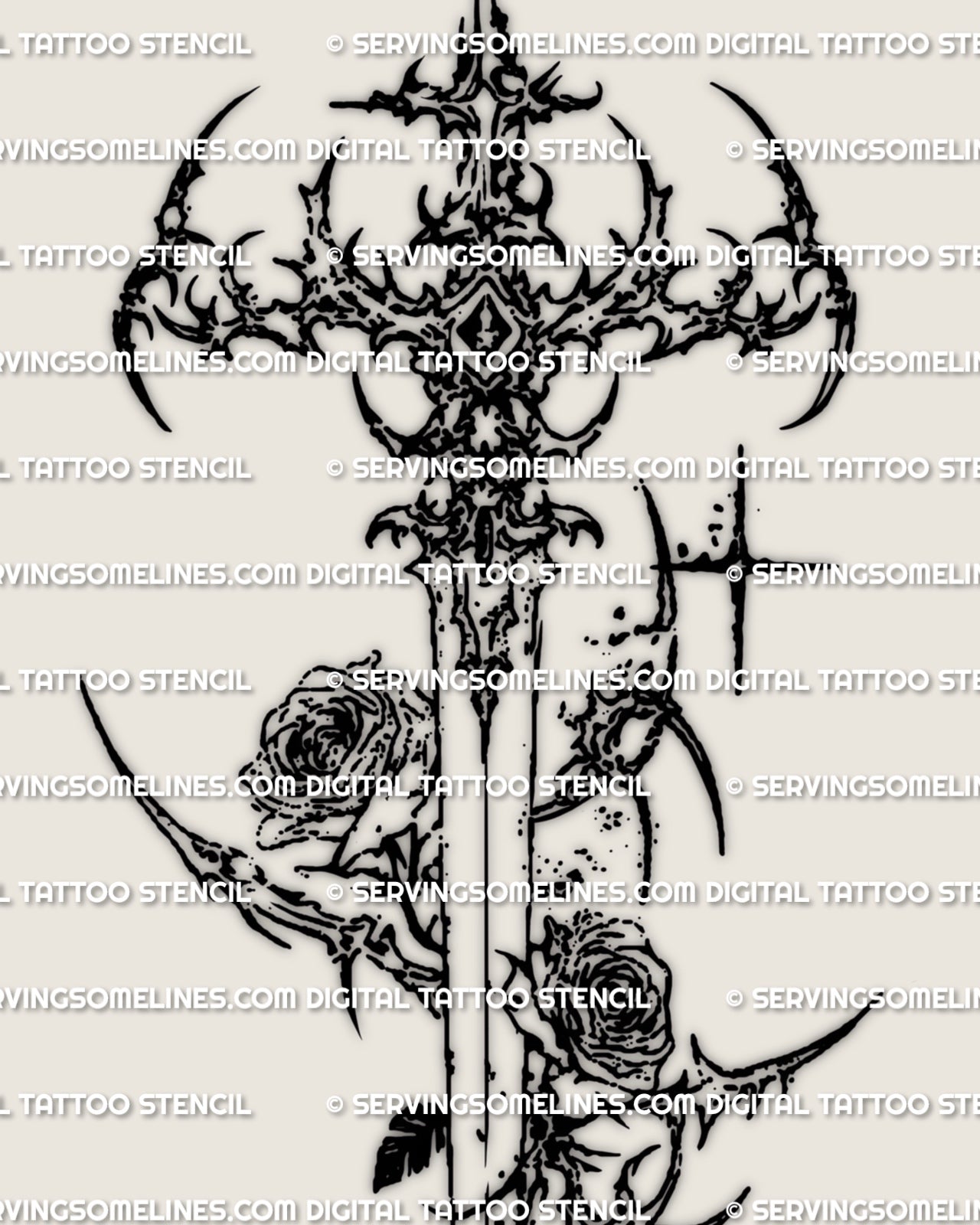 Cyber rose sword tattoo design with two thorned roses, a centered vertical sword, and dark stylized linework