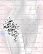 Cyber rose tattoo stencil shown on thigh placement with a clear floral silhouette and sharp ornamental structure