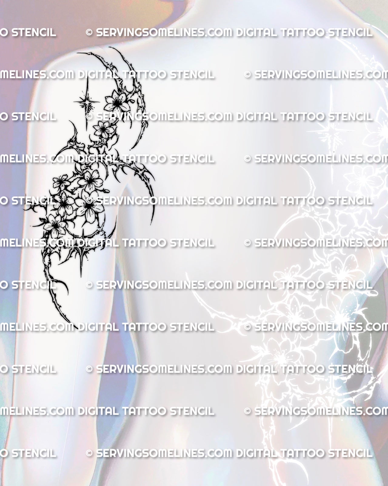 Cyber sakura tattoo shown on back of upper arm placement with a clean vertical floral structure and blossom clusters