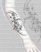 Cyber sakura tattoo shown on forearm placement with clustered blossoms and pointed cyber framing