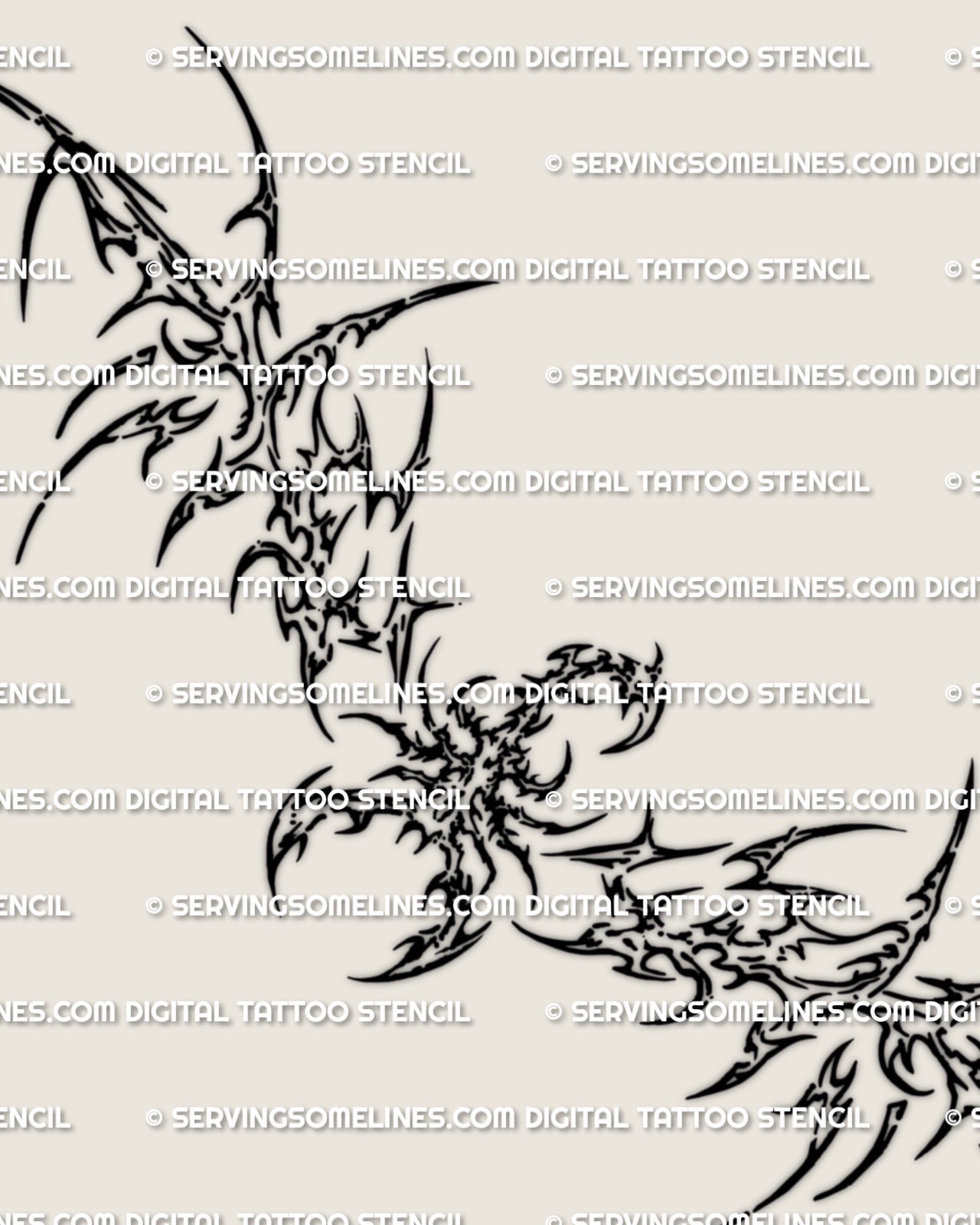 Main design view of a cyber scorpion lower back tattoo stencil, with a centered body, open claws, and stretched side hooks.