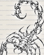 Cyber scorpion tattoo design with hooked stinger, thin leg marks, sharp body flow, and printable stencil file layout