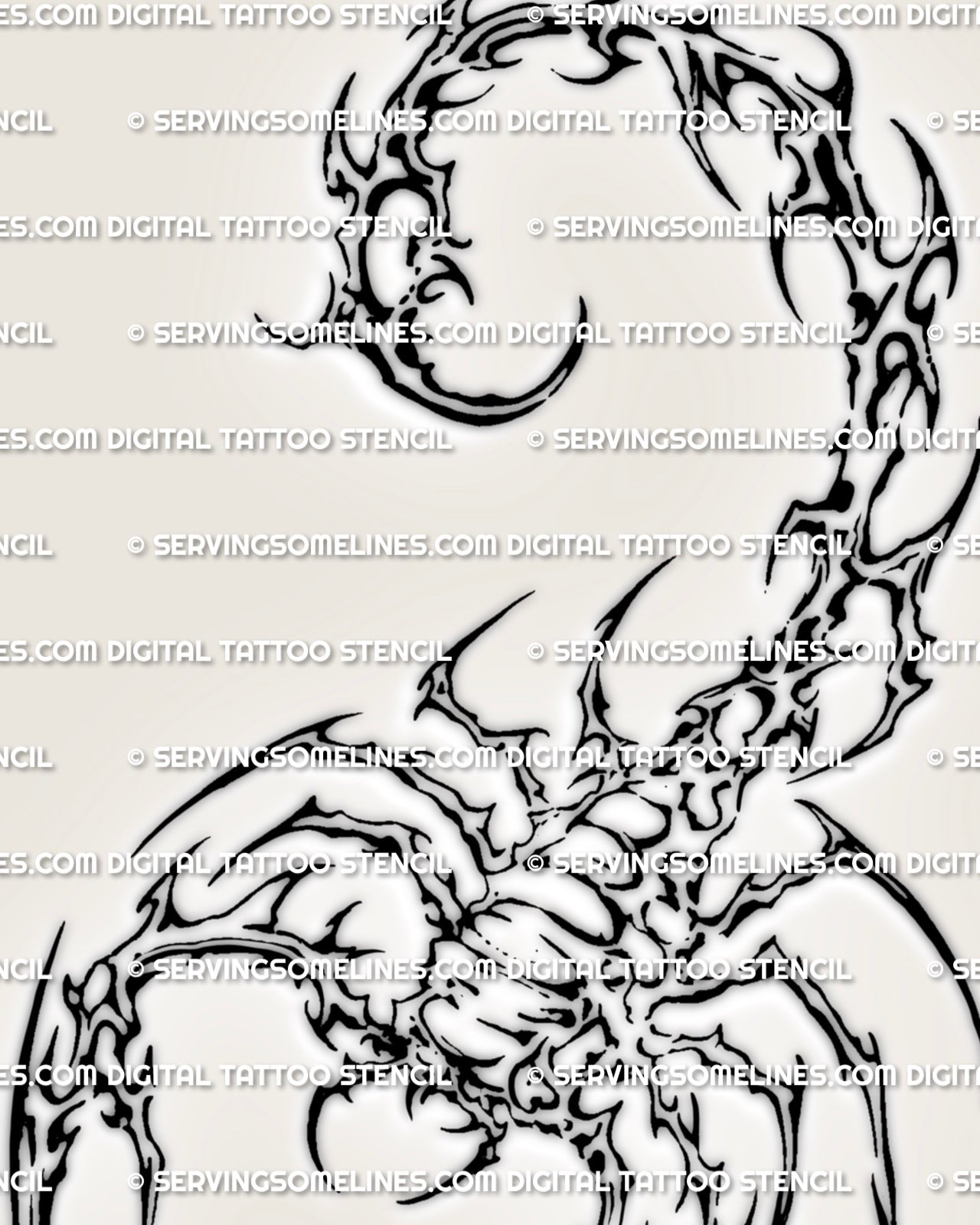 Cyber scorpion tattoo design with hooked stinger, thin leg marks, sharp body flow, and printable stencil file layout