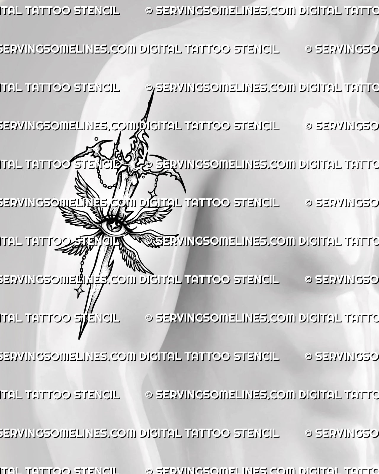 Cyber seraphim sword tattoo shown on men’s upper arm placement with vertical blade and sharp winged eye detail