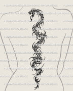 Cyber serpent spine tattoo shown on women’s back placement with a descending snake body and spine-aligned movement
