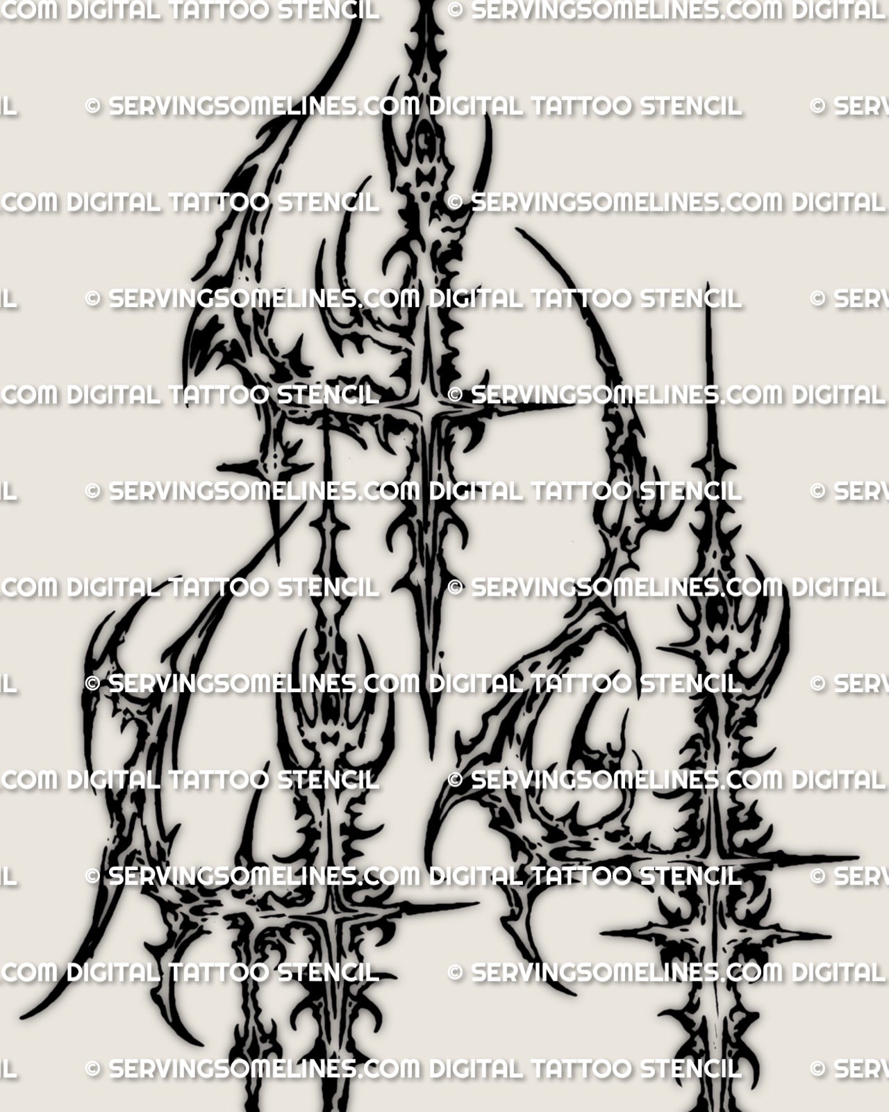 Close detail of cyber sigil 444 tattoo stencil, angel numbers tattoo stencil download with crisp linework for printing.