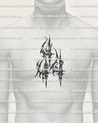 Men’s chest center placement preview, angel number 444 tattoo stencil with cybersigilism linework, printable PNG PDF.
