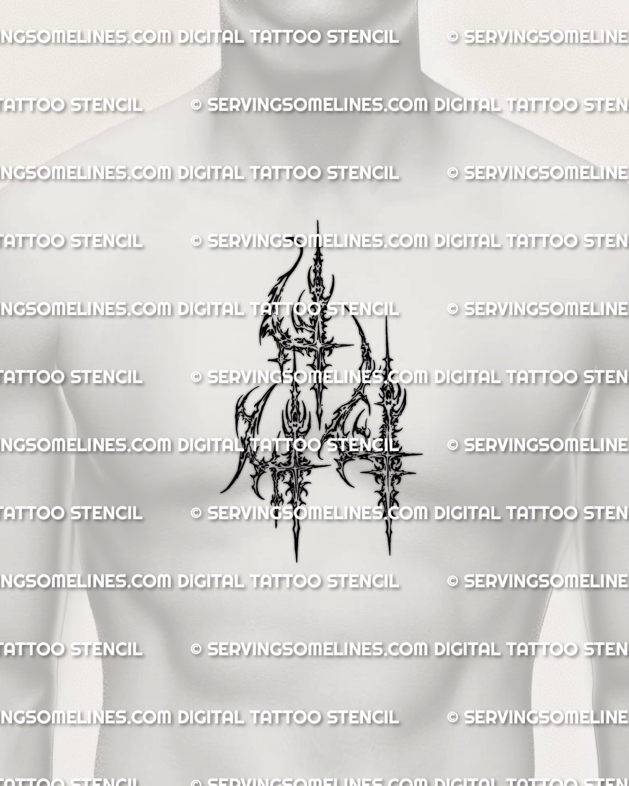 Men’s chest center placement preview, angel number 444 tattoo stencil with cybersigilism linework, printable PNG PDF.
