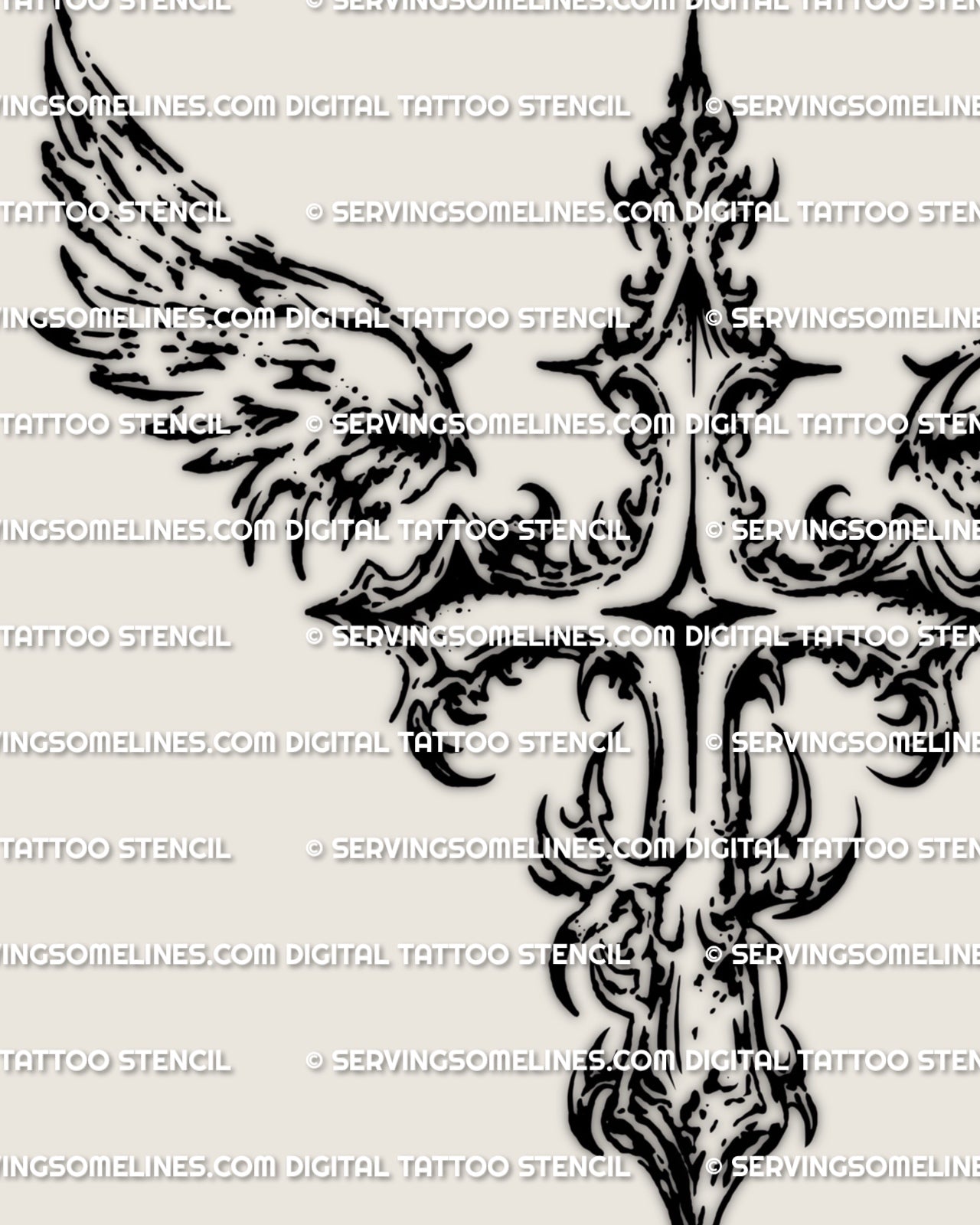 Cyber sigil angel wings cross stencil close detail, sharp winged cross design with clean printable tattoo files.
