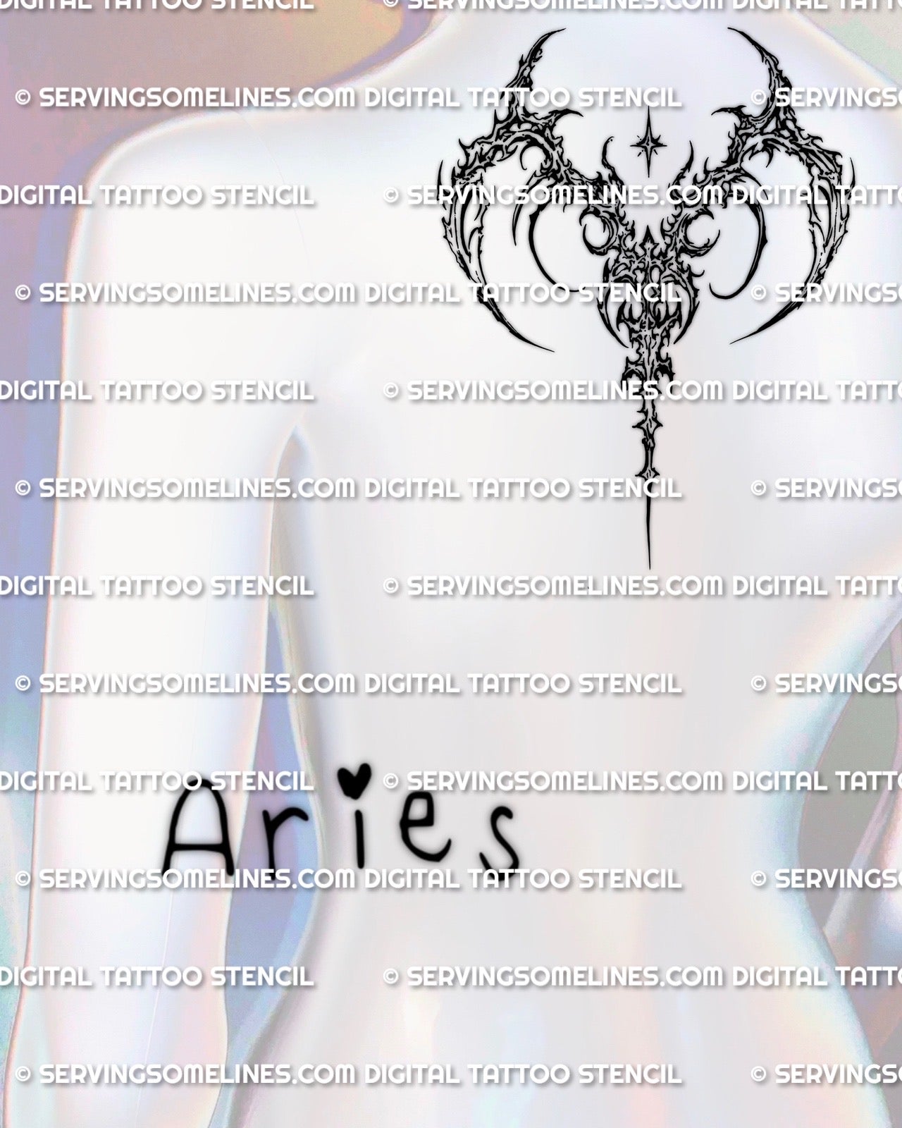 Cyber sigil Aries glyph tattoo stencil shown on women’s upper back center placement example, readable at real size
