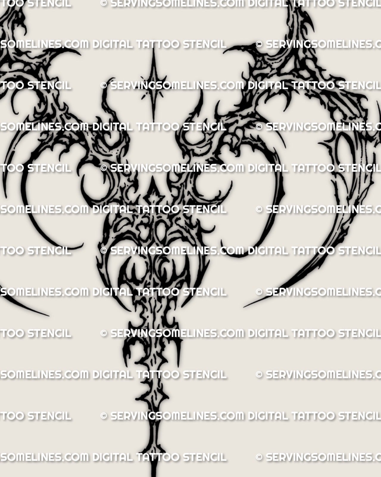Cyber sigil Aries symbol tattoo stencil close detail, sharp strokes and open gaps that print clean