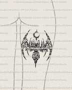 Cyber sigil bat stencil shown on back of thigh placement preview, high resolution printable tattoo files.