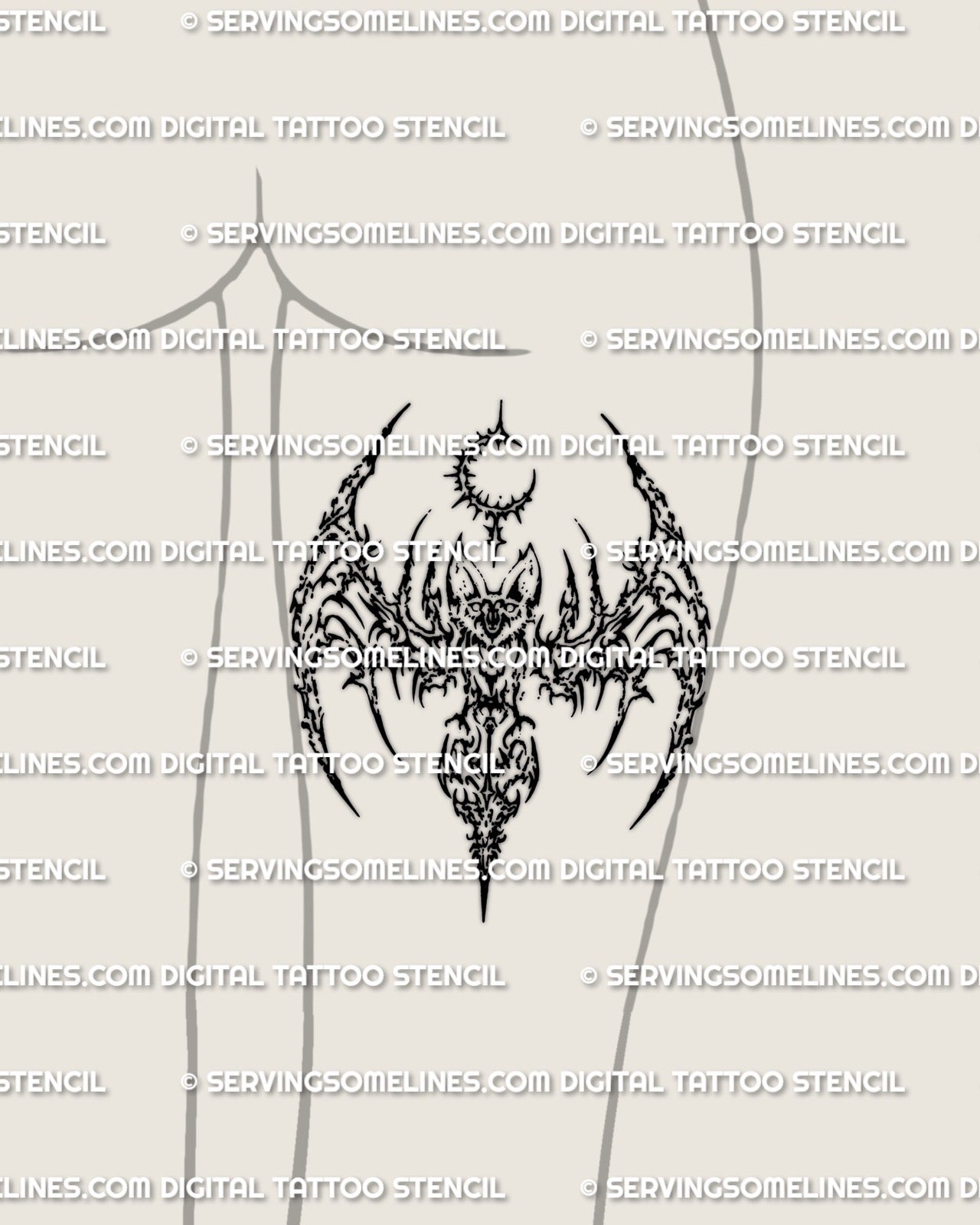 Cyber sigil bat stencil shown on back of thigh placement preview, high resolution printable tattoo files.