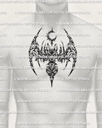 Cyber sigil bat stencil shown on mens chest center placement example, crisp lines, printable PNG JPG PDF.