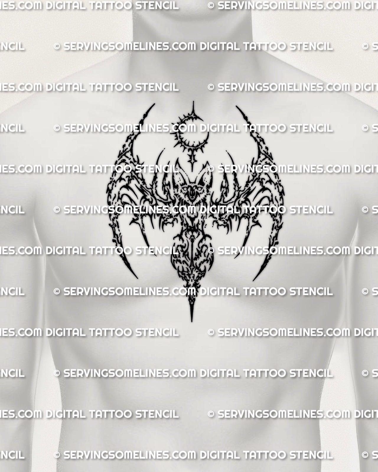 Cyber sigil bat stencil shown on mens chest center placement example, crisp lines, printable PNG JPG PDF.