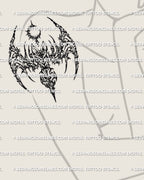 Cyber sigil bat tattoo stencil displayed on womens arm placement example, clean transfer files, PNG JPG PDF.