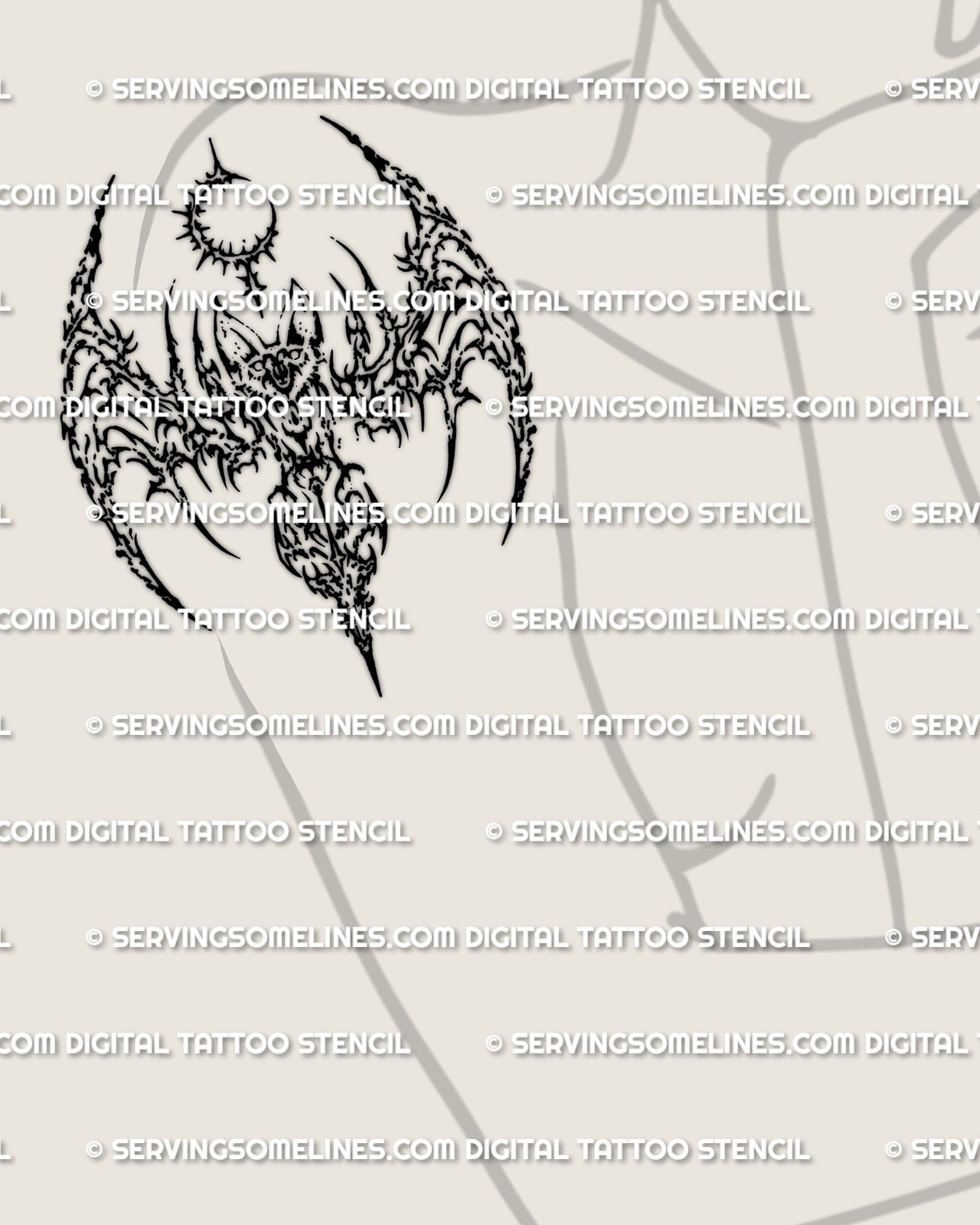 Cyber sigil bat tattoo stencil displayed on womens arm placement example, clean transfer files, PNG JPG PDF.