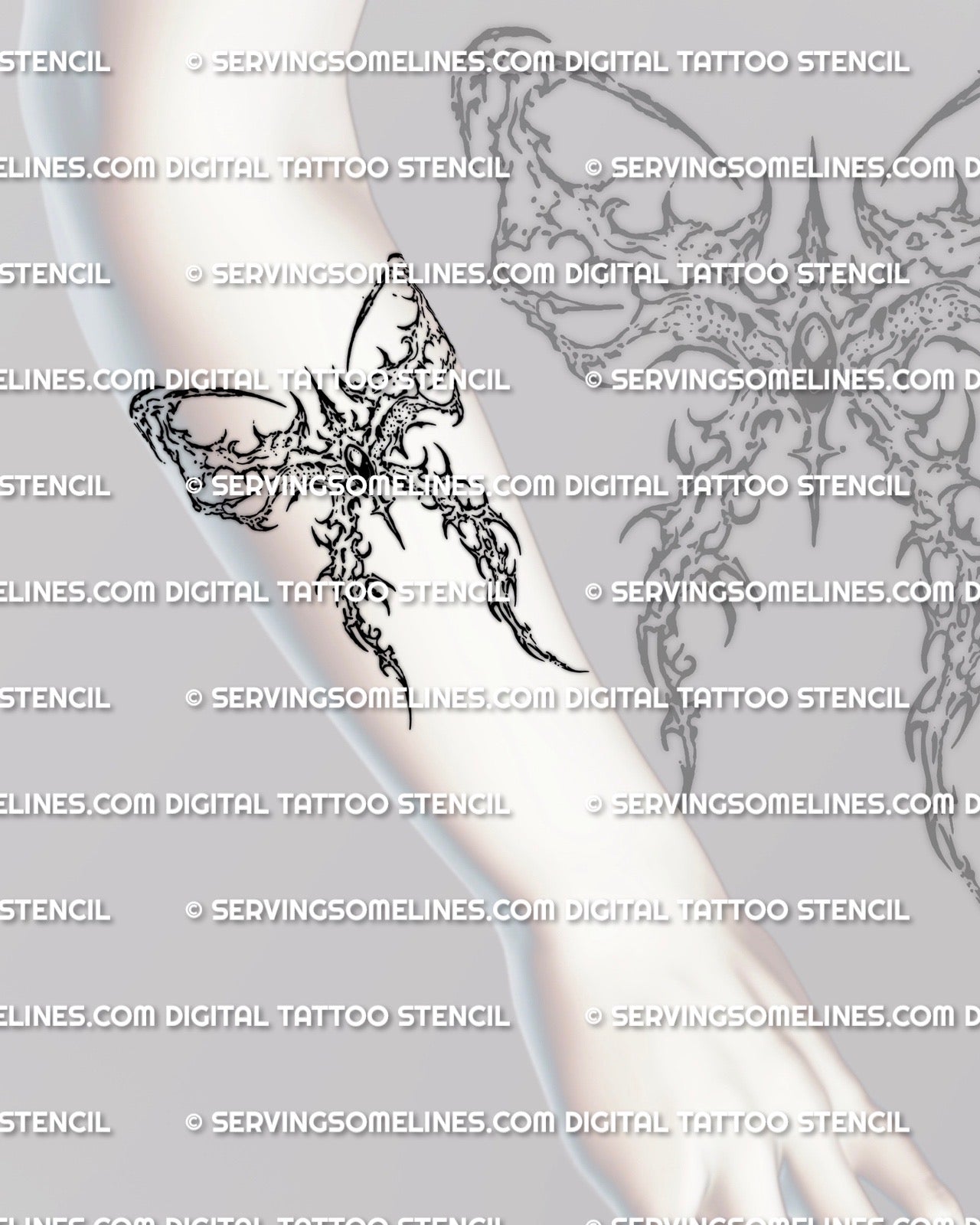 Cyber sigil bow stencil shown on forearm placement preview, sharp dark bow tattoo download with clean printable files.