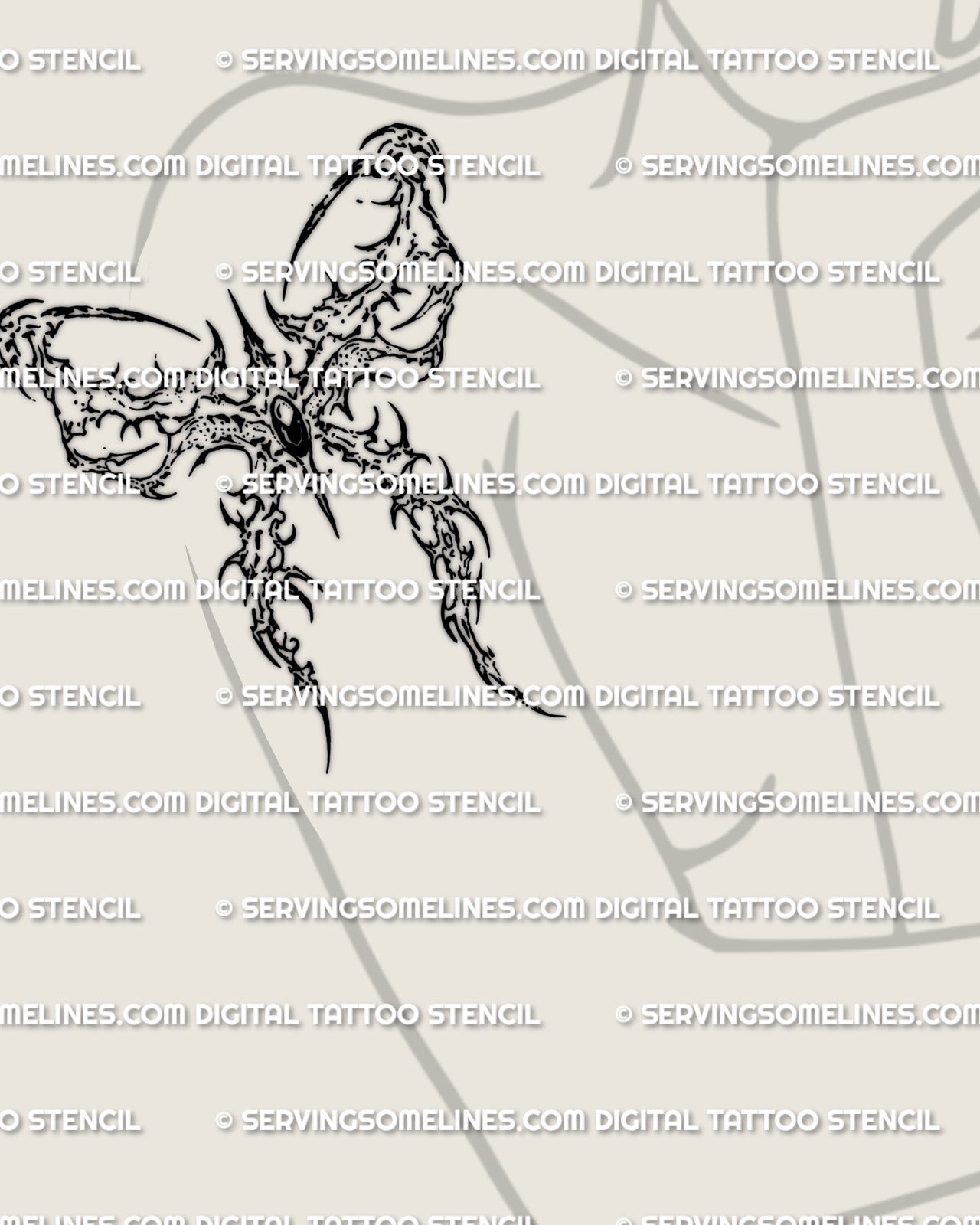 Cyber sigil bow stencil shown on womens upper arm placement preview, sharp emblem tattoo design download.