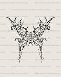 Cyber sigil butterfly tattoo stencil with corset ribbon bow, gothic fairy wings line art for feminine or edgy placements, digital PNG download.