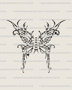 Cyber sigil butterfly tattoo stencil with corset lace-up ribbon bow, gothic fairy wings line art for feminine or edgy placements, digital download PNG.