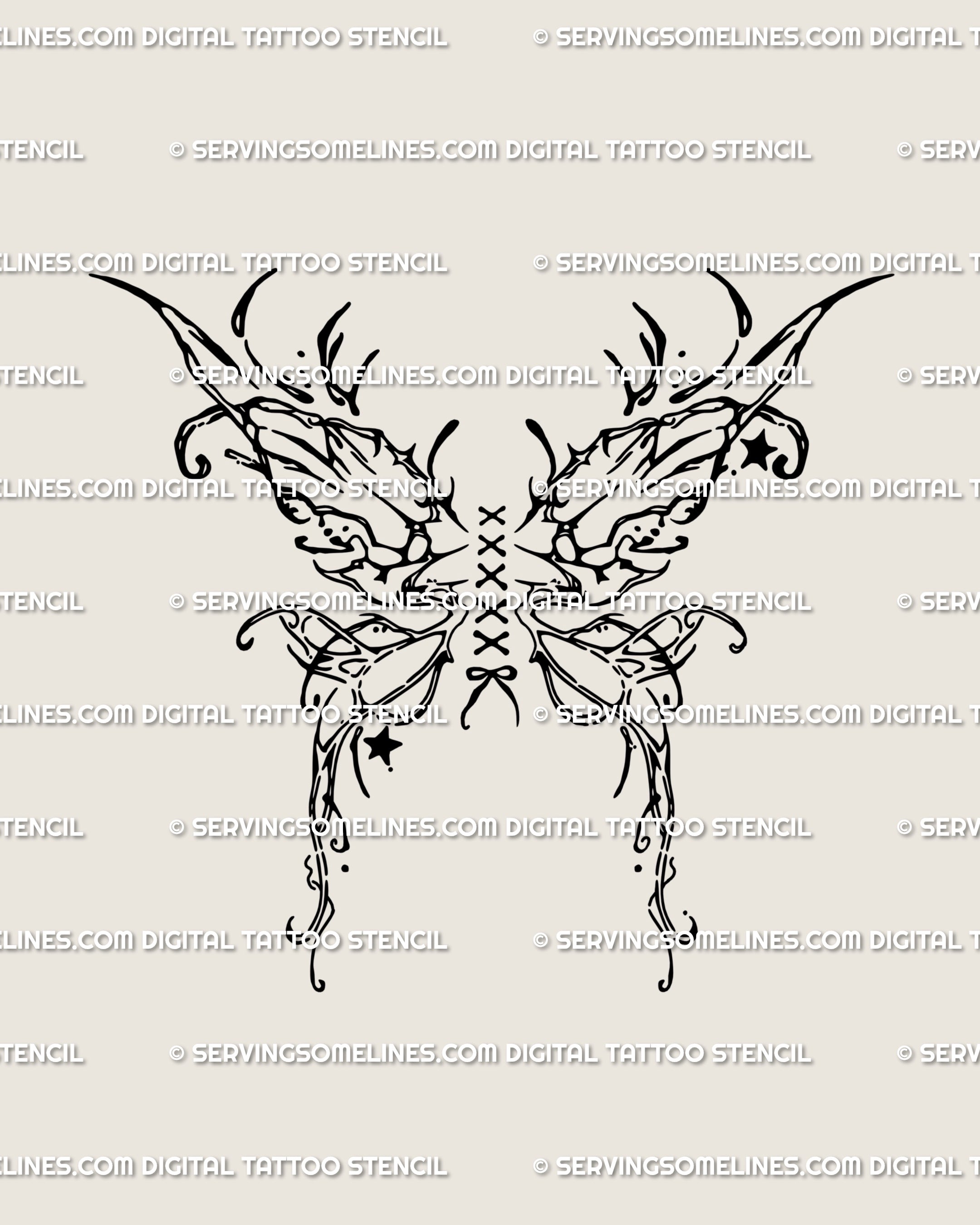Cyber sigil butterfly tattoo stencil with corset lace-up ribbon bow, gothic fairy wings line art for feminine or edgy placements, digital download PNG.
