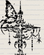 Close detail of a cybersigilism butterfly cross tattoo stencil highlighting fine lines bead accents and star details.