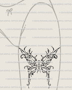 Cyber sigil butterfly with corset lace-up ribbon as front thigh tattoo design, gothic fairy wings stencil that feels feminine, bold, and unique.