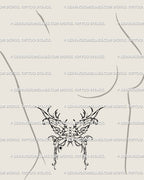 Cyber sigil butterfly tattoo with lace-up corset ribbon bow shown on side ribs, gothic fairy wings digital design with sharp yet delicate energy.