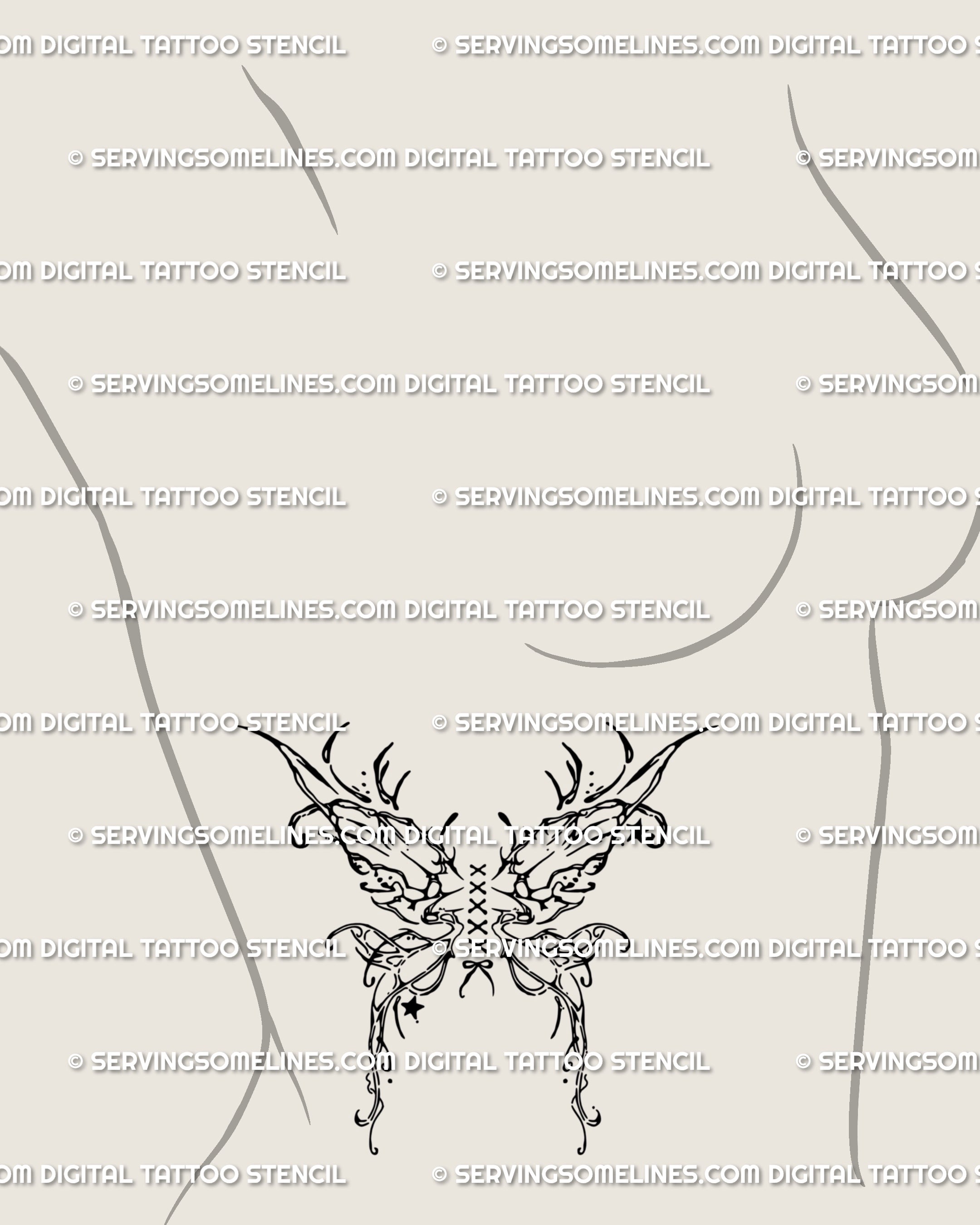 Cyber sigil butterfly tattoo with lace-up corset ribbon bow shown on side ribs, gothic fairy wings digital design with sharp yet delicate energy.