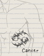 Cyber sigil Cancer tattoo stencil shown on mens ribs placement, zodiac glyph download files