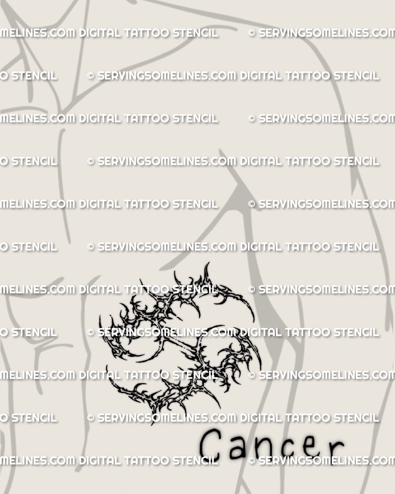 Cyber sigil Cancer tattoo stencil shown on mens ribs placement, zodiac glyph download files