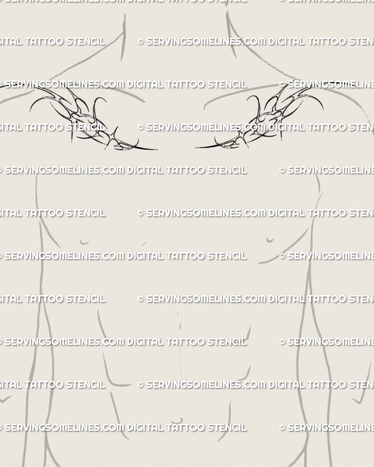 Men’s cyber sigil chest tattoo displayed across collarbones showing symmetrical tribal cyber sigil patterns with clean line art.