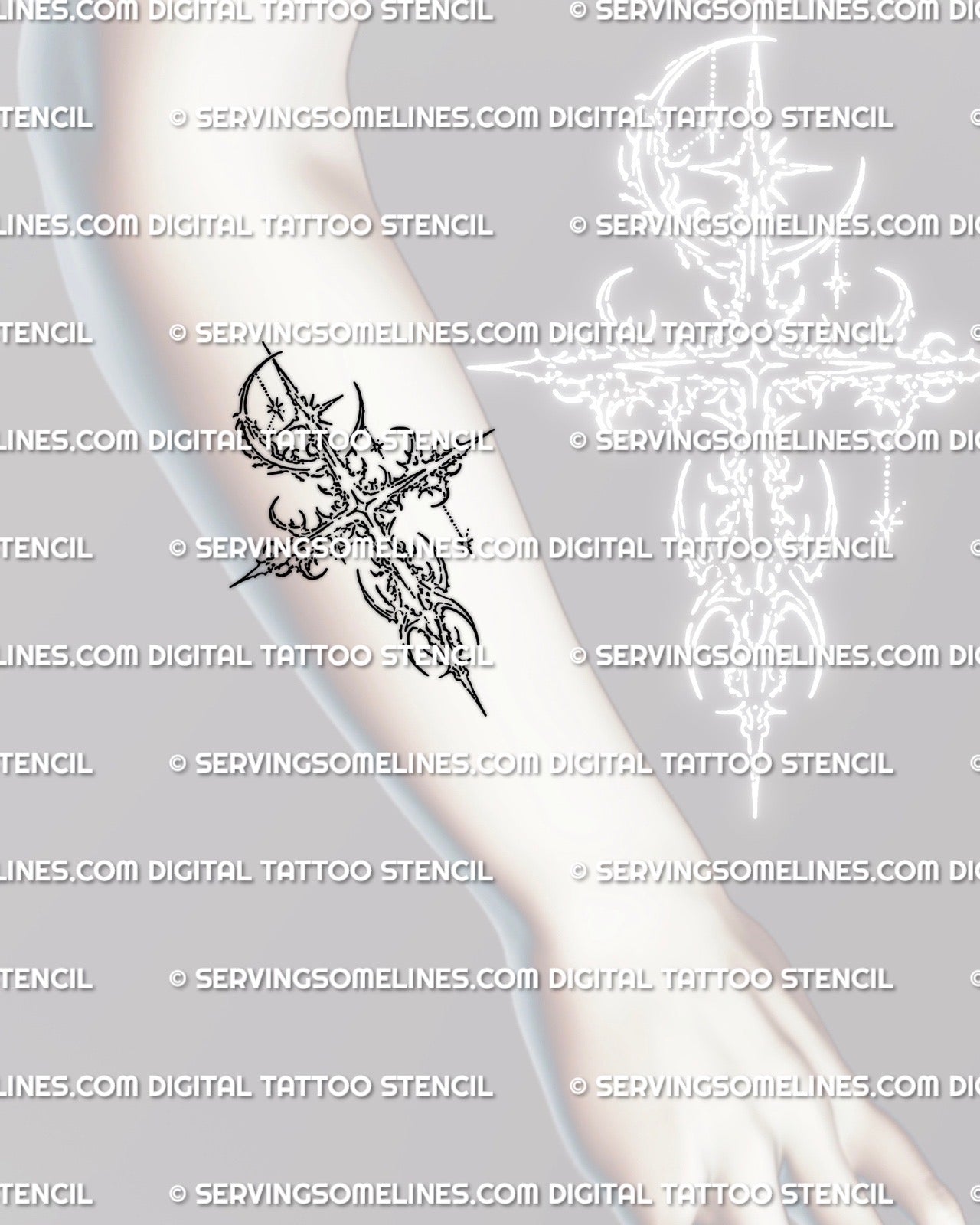 Cyber sigil cross tattoo stencil shown on forearm placement, minimalist linework cross design suitable for small to medium tattoos.