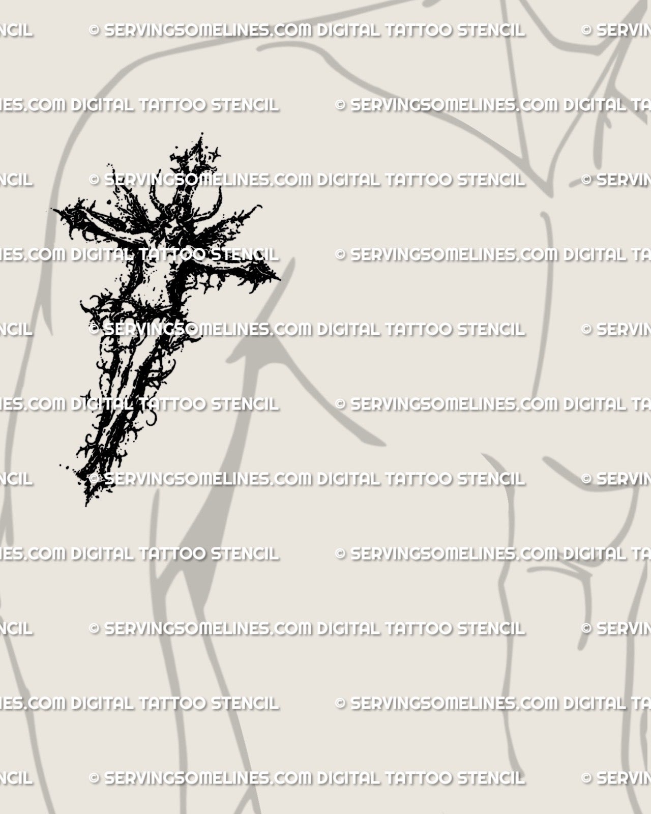 Occult cross tattoo stencil shown on men biceps placement, thorned crucifix silhouette, clean transfer outline.