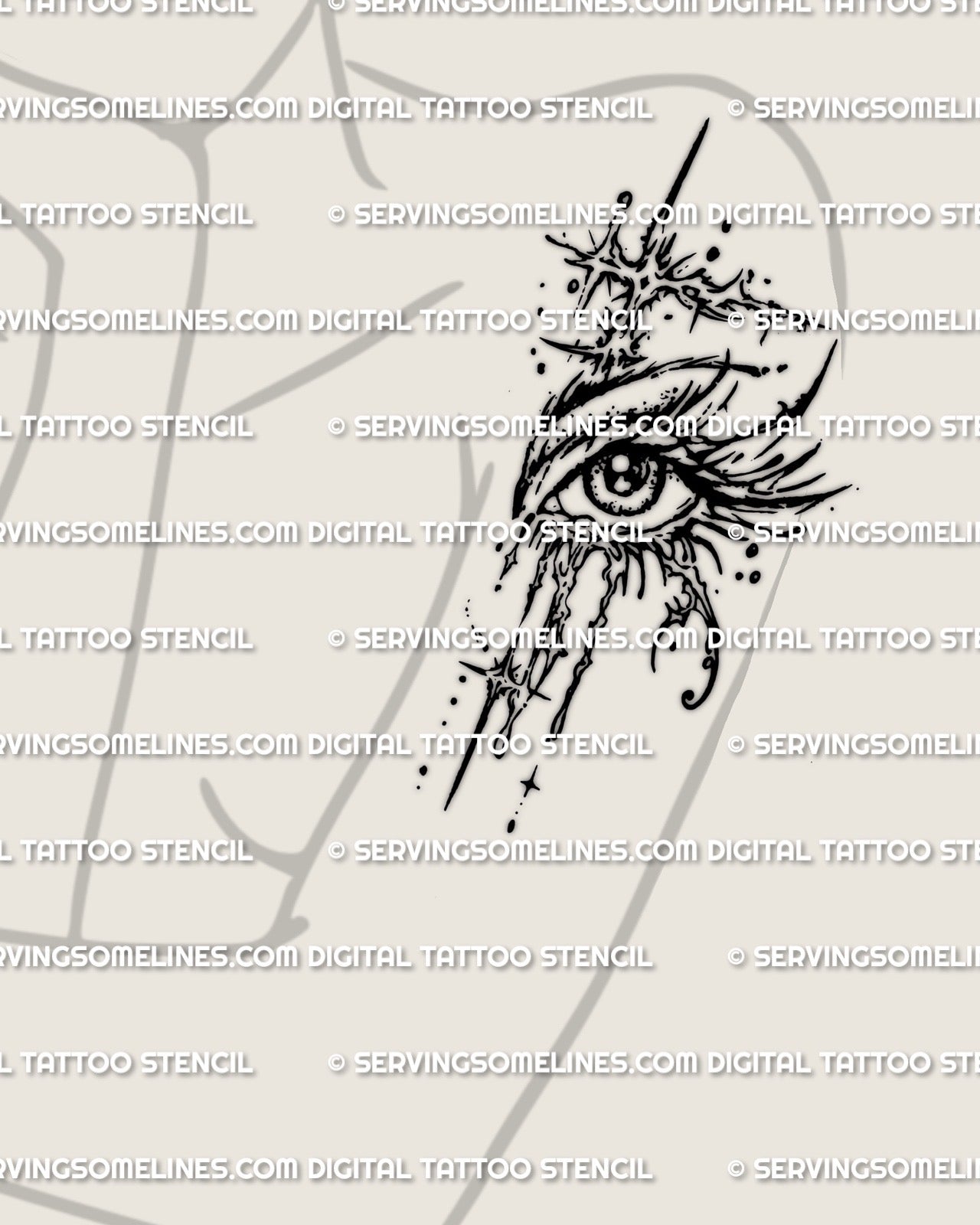 Cyber sigil crying eye stencil displayed on womens arm placement example, tattoo design files ready for printing and transfer.